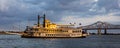 APRIL 24, 2019, NEW ORLEANS, LA, USA - Natchez Riverboat on Mississippi River in New Orleans, Louisiana at sunset