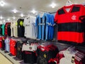 April 18, 2023, Paraguay. Santos, GrÃÂªmio and Flamengo shirts for sale at a sporting goods store in the city of Pedro Juan