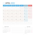 April 2022 Planner Calendar Week starts on Monday. Royalty Free Stock Photo