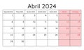 April 2024 portuguese calendar (abril). Vector illustration. Monthly planning for business in Portugal