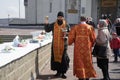 April 19, 2020, Russia, Magnitogorsk. Carrying out a church Easter food consecration rite during the coronavirus pandemic. The Royalty Free Stock Photo