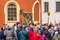 April 29, 2018, Russia, Tikhvin, Tikhvin Bogorodichny Assumption Monastery, Entering the Assumption Cathedral after