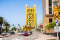 April 14, 2018 Sacramento / CA / USA - Car stopped at a light traffic in downtown, waiting to cross the Tower Bridge Royalty Free Stock Photo