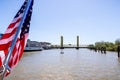 April 14, 2018 Sacramento / CA / USA - View towards the Tower Bridge from the deck of a cruise taking tourists on Sacramento river Royalty Free Stock Photo