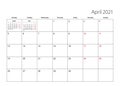 April 2021 simple calendar planner, week starts from Monday