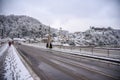 April Snow in my City, Mosque and Fortress by the river Bosnia