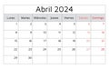 April 2024 SPANISH calendar (Abril). Vector illustration. Monthly planning for business in Spain