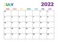 Minimalist Rainbow Sunday Start Monthly Planner July 2022