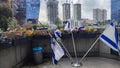 09 April 2024 Tel-Aviv, Israel flags Israeli country, building