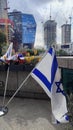 09 April 2024 Tel-Aviv, Israel flags Israeli country, building