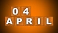 04 April Text Title - Square Wooden Concept - Orange Background - 3D Illustration