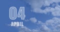 April 04. 04-th day of the month, calendar date.  White numbers against a blue sky with clouds. Copy space, Spring month, day of Royalty Free Stock Photo