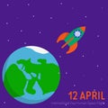 April 12th. Illustration for the Day of Cosmonautics with a rocket. International Day of Human Space Flight.