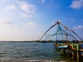 April 20th, 2020-Kochi, Kerala, India- Vacated and deserted chinese fishing net systems during the day in covid 19 Lockdown in Royalty Free Stock Photo