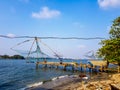 April 20th, 2020-Kochi, Kerala, India- Vacated and deserted chinese fishing net systems during the day in covid 19 Lockdown in Royalty Free Stock Photo