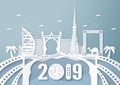 April 03, 2019: Top famous landmark and building of Dubai country for travel and tour. Vector illustration design in paper cut and