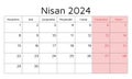 April 2024 TURKISH calendar - Nisan. Vector illustration. Monthly planning for business in Turkey