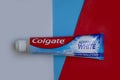 April 25, 2023 Ukraine city Kyiv Colgate toothpaste a colored background logo concepts