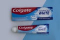 April 25, 2023 Ukraine city Kyiv Colgate toothpaste a colored background protection concepts