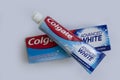 April 25, 2023 Ukraine city Kyiv Colgate toothpaste product a colored background protection concepts