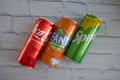 April 22, 2022 Ukraine city of Kyiv iron cans of Coca Cola, Sprite, Fanta design Royalty Free Stock Photo