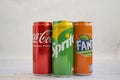 April 22, 2022 Ukraine city of Kyiv iron cans of Coca Cola, Sprite, Fanta Royalty Free Stock Photo