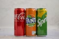 April 22, 2022 Ukraine city of Kyiv iron cans of Coca Cola, Sprite, Fanta refreshment logo Royalty Free Stock Photo