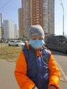 April 2, 2020, Ukraine, Kiev. toddler health prevention Boy in a protective mask on the street