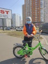 April 2, 2020, Ukraine, Kiev. toddler health outdoor prevention Boy in a protective mask on the street