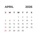 April 2026 vector calendar grid Royalty Free Stock Photo