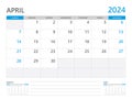 April 2024 year, Calendar planner 2024 and Set of 12 Months, week start on Sunday. Desk calendar 2024 design, simple and clean