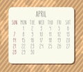 April year 2019 vintage monthly calendar