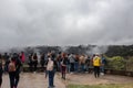 april 07, 2023: Zacatlan, Puebla, Mexico, crowded lookout, beautiful nature landscape, forest with mist or fog at the background