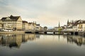 April 02, 2019 .Zurich.Switzerland. Limmat River and embankment with bridge in the city center of Zurich Royalty Free Stock Photo