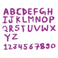 Lavender Alphabet Letterpress. Mauve Font Template. Purple Calligraphy Handwritten. Hand Typeface. Script Bold. Typography Handmad
