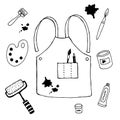 The apron of the artist and painter with art materials. Icons. Hand drawn vector illustration