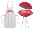 Apron with barbecue restaurant logo next to grill with meat. Protective garment for cooking BBQ