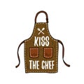 Apron or kitchen utensils, cooking stuff for menu decoration. baking logo emblem or label, engraved hand drawn in old