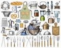 Apron or pinaphora and Hood, rolling pin and saucepan or corolla, wooden board. Chef and dirty kitchen utensils, cooking