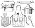 Apron or pinaphora and Hood, rolling pin and saucepan or corolla, wooden board. Chef and kitchen utensils, cooking stuff