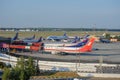 Apron of Sheremetyevo airport with passenger planes of various airlines: Transaero, Aeroflot, Shanghai Airlines. Photo