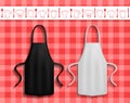 Aprons next to icons of kitchen utensils. Clothes element, protective clothing, toque for cooking