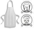 Aprons next to icons of kitchen utensils. Clothes element, protective clothing, toque for cooking