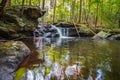 Apshawa Falls in a suburban nature preserve in NJ is surrounded by lush green forest on a summer afternoon Royalty Free Stock Photo