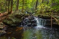 Apshawa Falls in a suburban nature preserve in NJ is surrounded by lush green forest on a summer afternoon Royalty Free Stock Photo