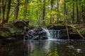 Apshawa Falls in a suburban nature preserve in NJ is surrounded by lush green forest on a summer afternoon Royalty Free Stock Photo