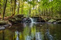 Apshawa Falls in a suburban nature preserve in NJ is surrounded by lush green forest on a summer afternoon Royalty Free Stock Photo