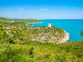 Apulia, Italy: View of the Arco di San Felice, caves and beach, south of Vieste Royalty Free Stock Photo