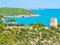 Apulia, Italy: View of the Arco di San Felice, caves and beach, south of Vieste Royalty Free Stock Photo