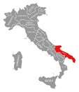 Apulia red highlighted in map of Italy